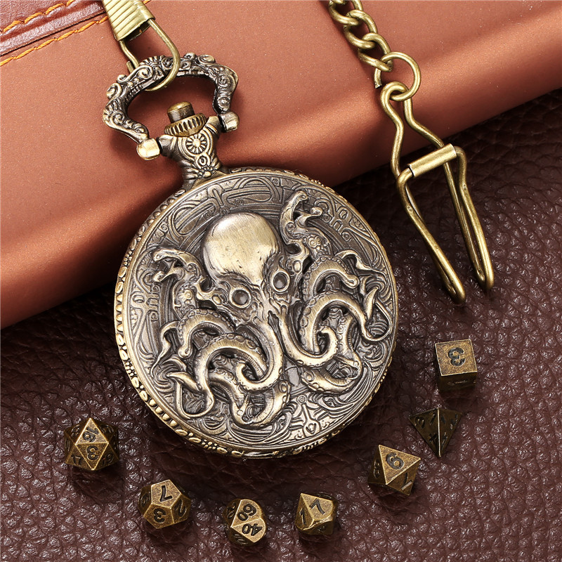 Vintage 7 Mini Metal Polyhedral Dices with Octopus Design Pocket Watch Case FOB Chain Dungeons RPG G