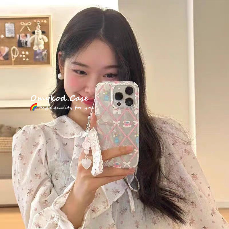 Feather ปลอก + โซ่สําหรับ IPhone 11 16 15 14 13 12 Pro Max Plus X XR Xs Max 7Plus 8Plus SE 2020 เคสโทรศัพท์ INS เกาหลีโบว์สีชมพูแกะการ์ตูน Anti Drop กันกระแทก Protectiv