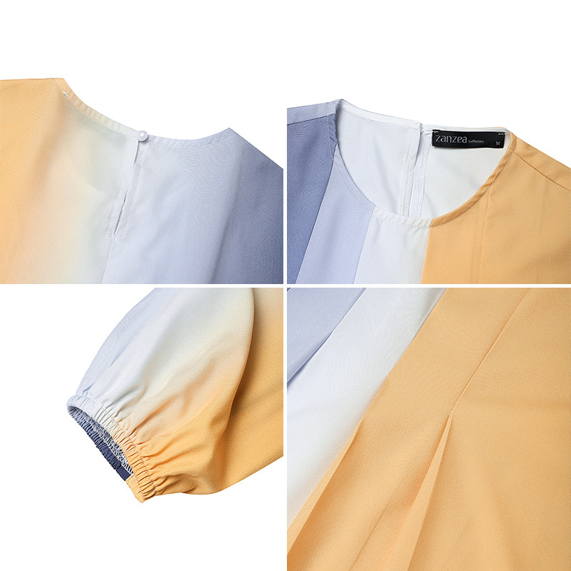 Zanzea ผู้หญิงมุสลิมลูกเรือคอ Contrast สีจีบแขนโคมไฟ Elasticized Cuffs Dresses