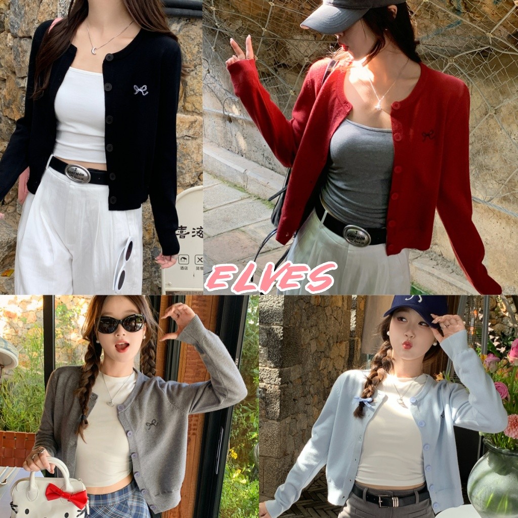 Elves พร้อม💟เสื้อคาดิแกรนไหมพรม แขนยาว คอกลมเกาหลีมาก ปักฌบว์ที่หน้าอก สวมใส่สบาย"Z-YX12"