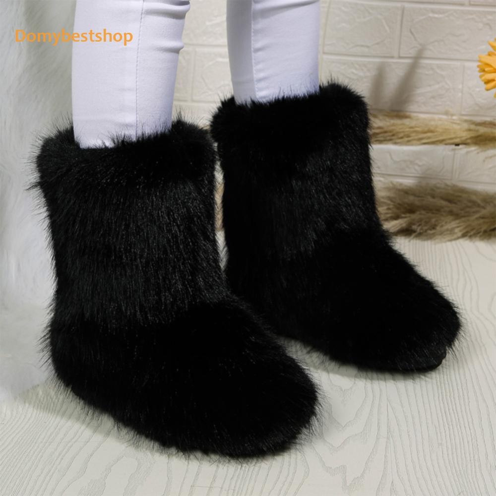 ผู้หญิง Furry Boots อบอุ่นสบาย Faux Fur Boots Snow Boots รองเท้าส้นแบนกลางแจ้ง [Domybestshop.th]