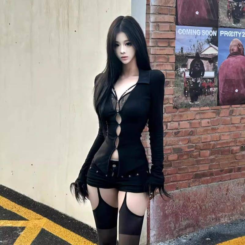 Xyzkuli สีดําคอวีลูกไม้กลวงเสื้อถักผู้หญิงต้นฤดูใบไม้ร่วงสลิมฟิตเซ็กซี่บริสุทธิ์ปรารถนาสไตล์สาวร้อนสั้นแขนยาวด้านบน