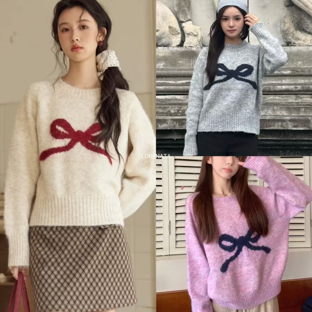 (จัดส่งด่วนจากกทม.) LORENATA เสื้อกันหนาวไหมพรมผู้หญิง ลายโบว์ใหญ่ นุ่มสบาย สไตล์เกาหลี-RR105