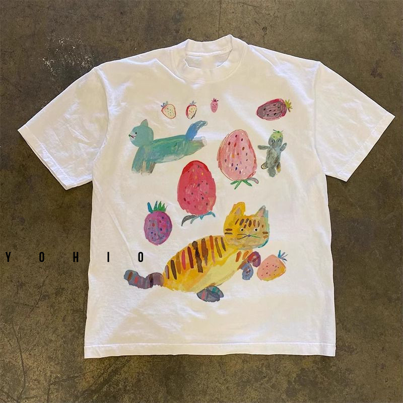 ผู้หญิง เสื้อยืดแขนสั้นพิมพ์ลายขนมหวาน คอกลม หลวม ฤดูร้อน