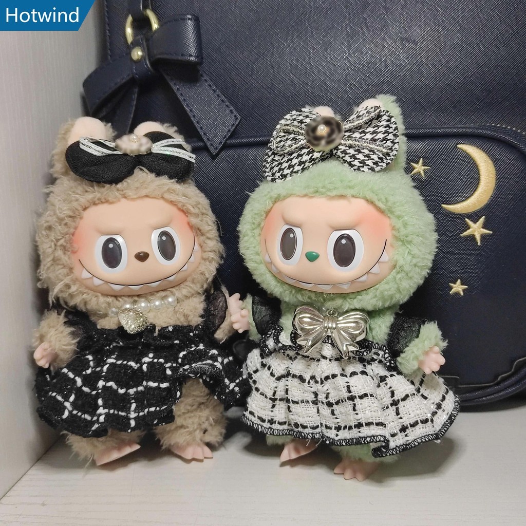 Labubu Clothes Designer ชุดเดรสลายสก๊อตสีดําและสีขาวชุดเสื้อผ้าตุ๊กตาอุปกรณ์เสริม Ropa Labubu