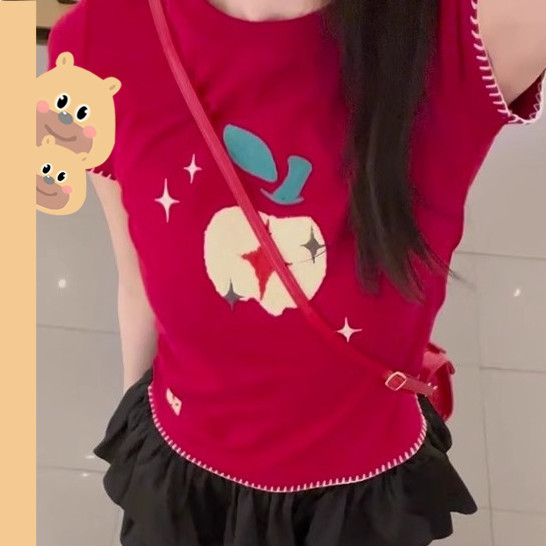 🎀bearbra🎀เสื้อยืดผู้หญิง เสื้อเเขนสั้น พิมพ์ลายอักษร ทรงเข้ารูป เข้ากับทุกสไตล์ งานปักพิมพ์ลายแอปเปิ้ล เสื้อยืดแขนสั้นย้อน