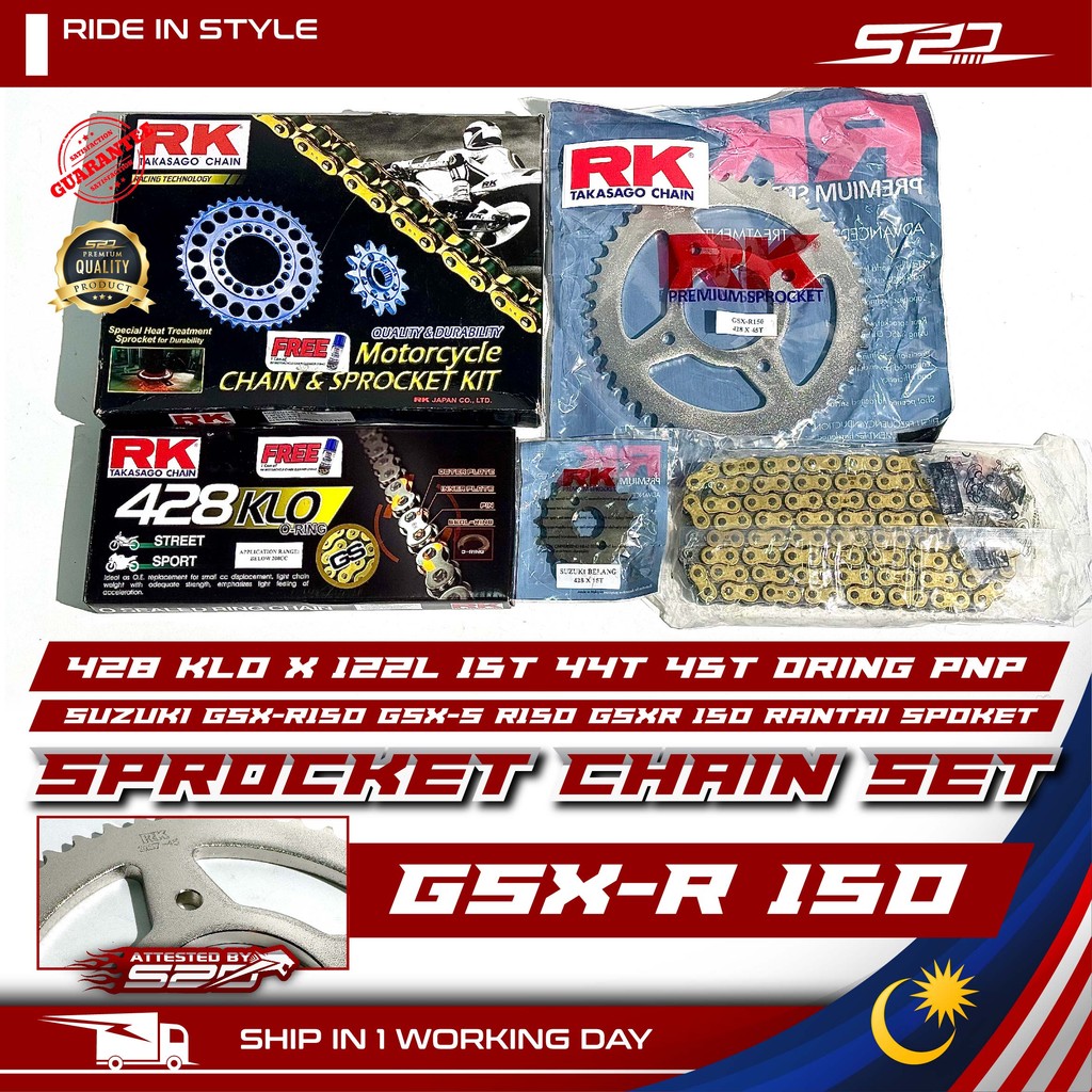 ชุดโซ่สเตอร์ RK JAPAN SUZUKI GSX-R150 GSX-S R150 GSXR 150 Rantai Spoket 428 KLO X 122L 15T 44T 45T O