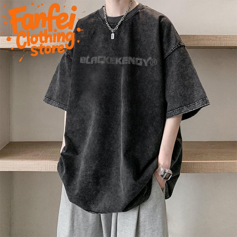 (จัดส่งตลอด 24 ชั่วโมง)Fanfei ผ้าคอตตอน100% เสื้อยืดผ้าฟอก oversize เสื้อคู่ลำลองทรงพิมพ์ล