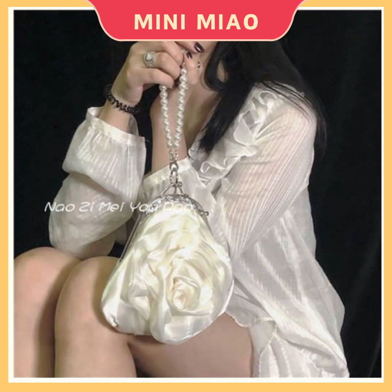 กระเป๋าถืองานเลี้ยงลูกปัดไข่มุก สีขาวงาช้างลายดอกกุหลาบ กระเป๋าเดทวินเทจผู้หญิง แฟชั่นสาวสวยต้องมี