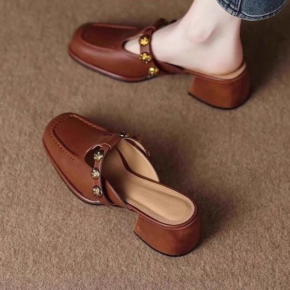 รองเท้าส้นกลางผู้หญิงหัวกลม ส้นหนา ยาง สวมใส่สบาย PU ปิดหัว