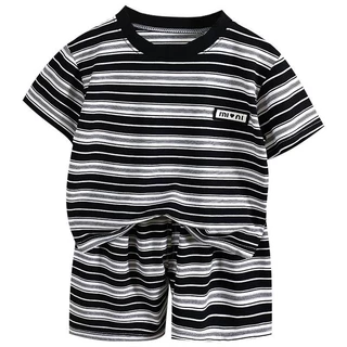 MooDeng Baby ชุดสองชิ้น เสื้อ กางเกง สไตล์เกาหลี ลายทาง แขนสั้น กางเกงขาสั้น แบบบาง ใส่สบาย เส้นใยเหนียว โพลืเอสเตอร์