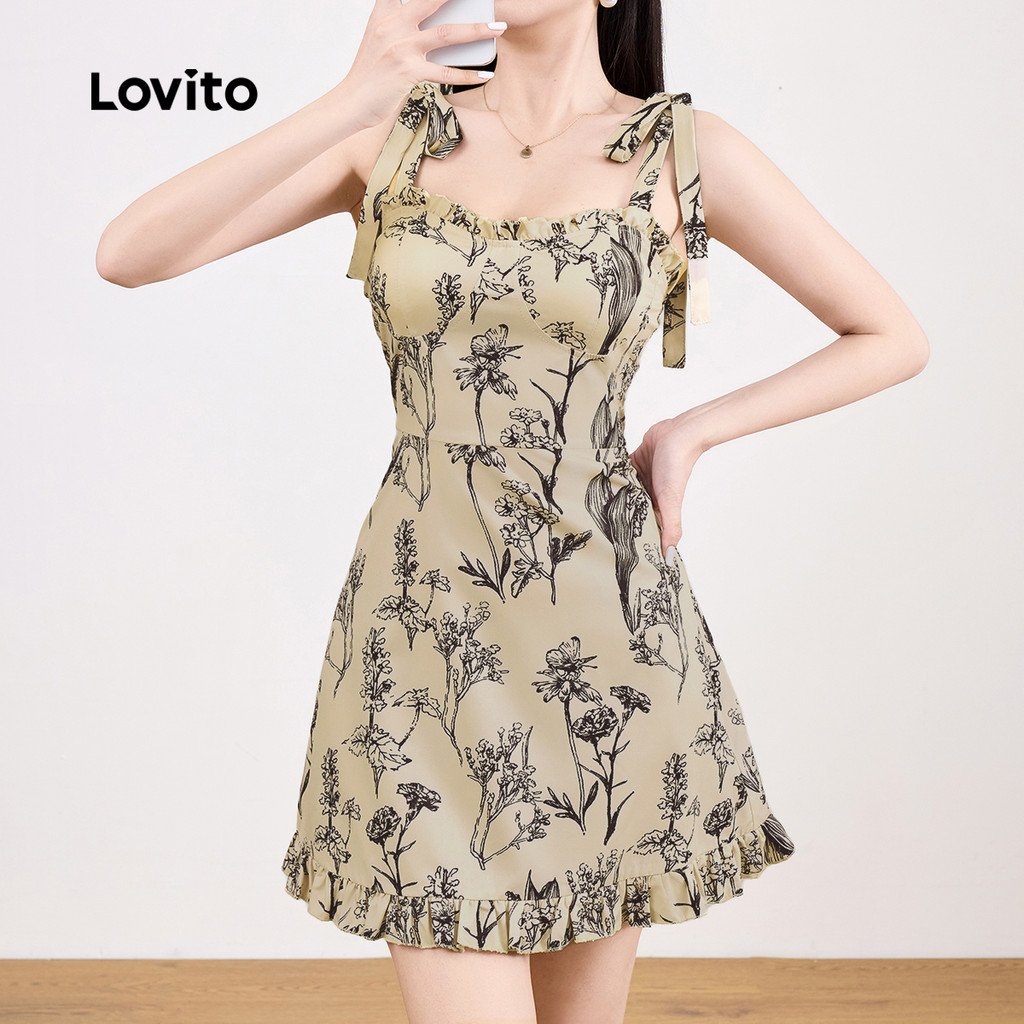Lovito ชุดเดรสคอปกคอปกคอปกด้านหน้าลายเขตร้อนแบบลําลองสําหรับผู้หญิง L129ED654