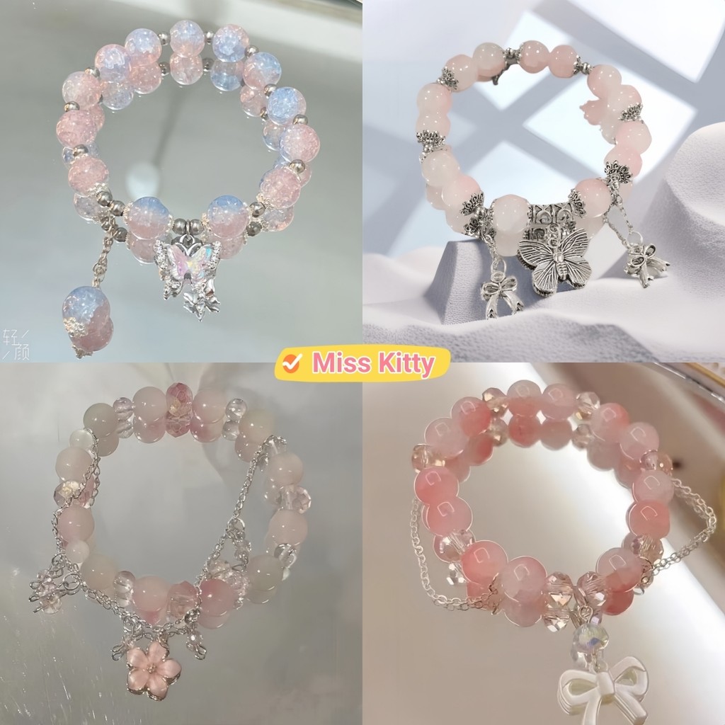 🎀Miss Kitty❤️พร้อมส่ง กำไรข้อมือคาวาอี้มาก ลูกปัดลายมัดย้อม สีพาสเทล ยางยืด "BRL-6"