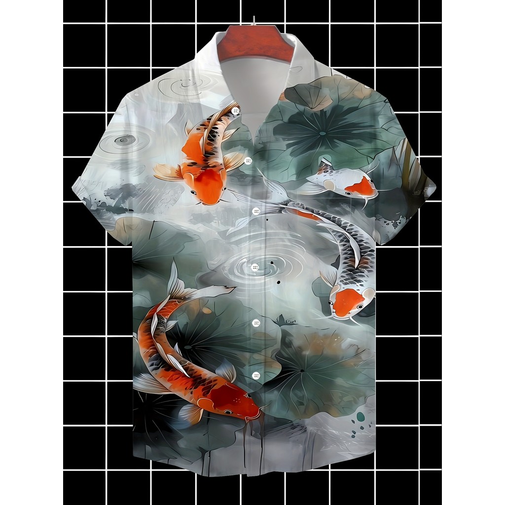 เสื้อฮาวายพิมพ์ลายปลาคาร์ฟ 3ง ของผู้ชาย -แขนสั้นลําลอง, สวมใส่รีสอร์ทฤดูร้อน, โพลีเอสเตอร์น้ําหนักเบา, ดีไซน์สีส้มเหนียวและสีดํา, ของขวัญที่สมบูรณ์แบบสําหรับผู้