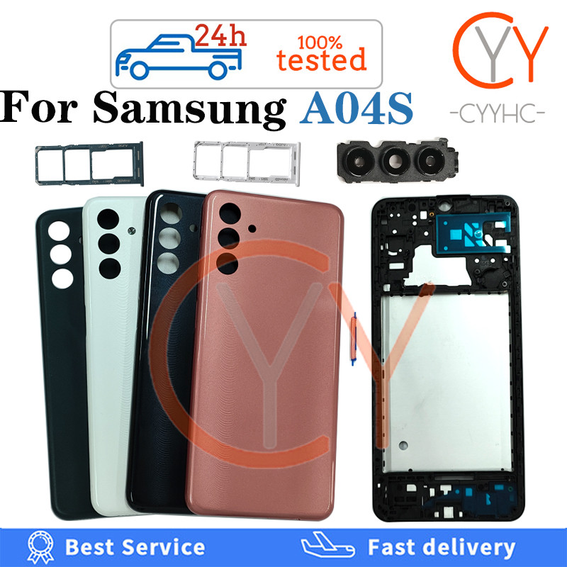 สําหรับ Samsung Galaxy A04S ฝาหลังแบตเตอรี่ปุ่มปรับระดับเสียงเปิดปิดปุ่มแบตเตอรี่ฝาครอบประตูด้านหลัง + กรอบด้านหน้า LCD + ถาดซิมเปลี่ยนการ์ด
