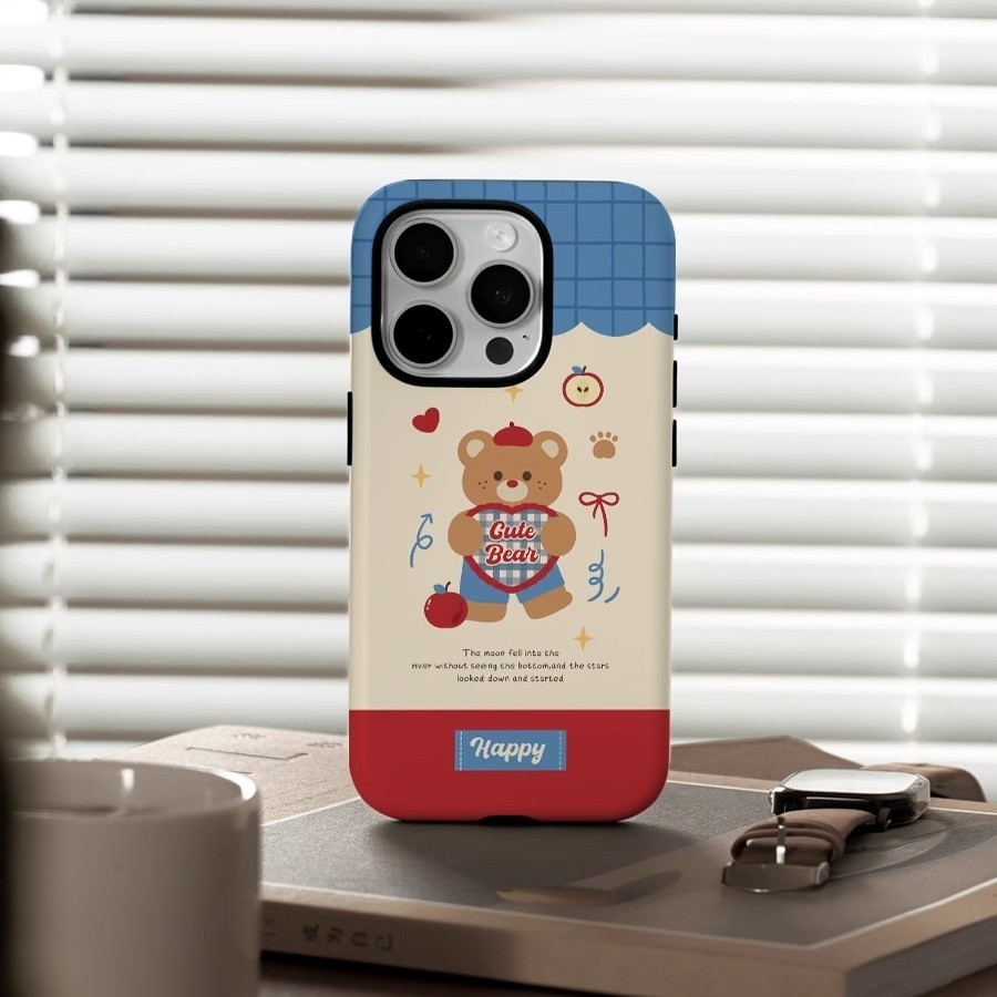 เคสโทรศัพท์ลายหมีลายหัวใจ 2 ชั้น ใช้ได้กับ iPhone 12 Pro Max 16 Pro 14 15 12 Pro 14 Pro Max XS Max 13 Pro 16 Pro Max XS 8 Plus 15 Pro เคสแข็งสองในหนึ่งเดียว กันกระแทกและกันตก