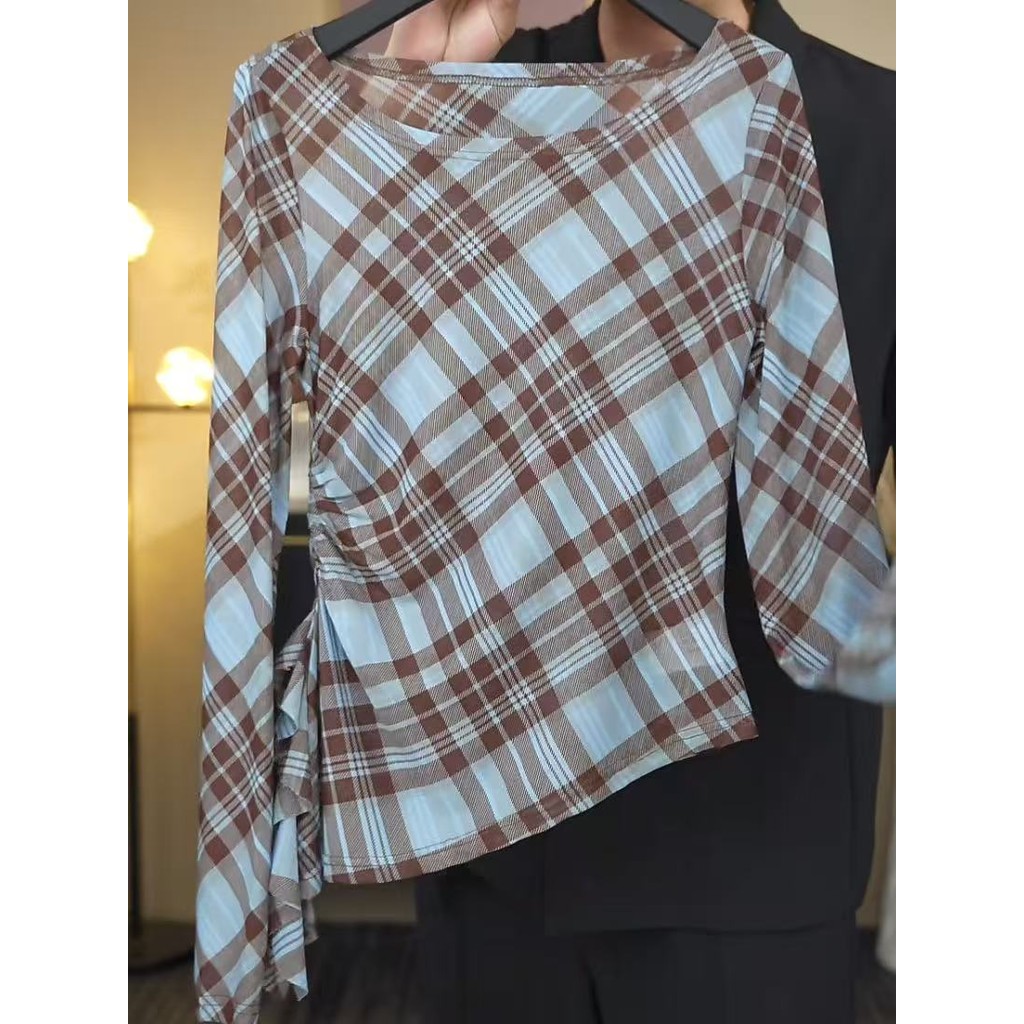 ผู้หญิงบางรอบคอปกใหม่ลายสก๊อตแขนยาวผิดปกติ จุดต่ําสุด เสื้อเสื้อยืดด้านบน