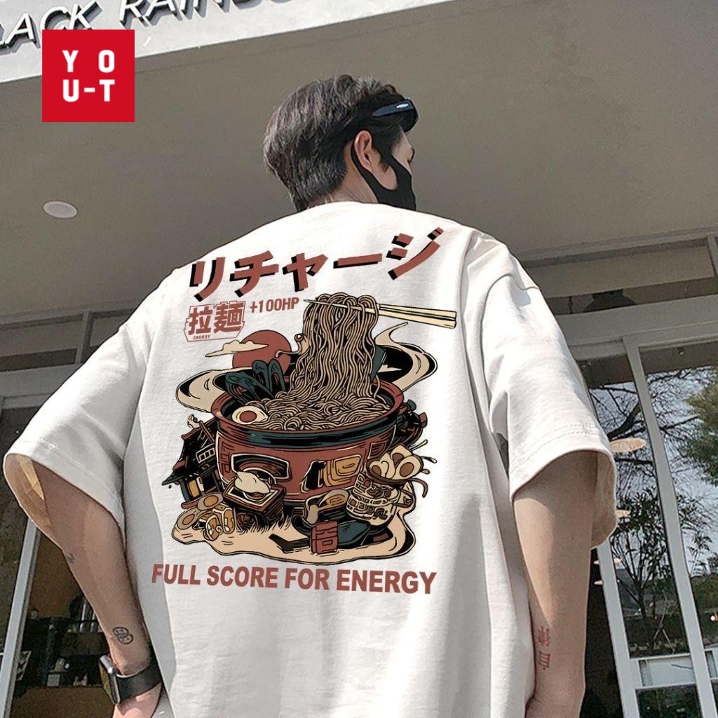 YT🍜เสื้อยืดชาย ผ้าฝ้ายคุณภาพสูง 100% สตรีทสไตล์ เทรนด์แฟชั่น ลายพิมพ์ "ราเมน" หลวมและสบาย อเมริกัน