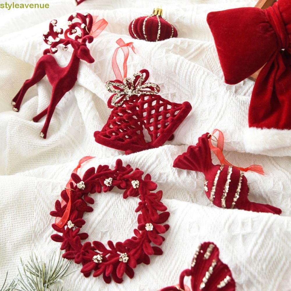 Styleavenue กํามะหยี่คริสต์มาส Bowknot จี้, Flocked Wine Red Snowflake Reindeer จี้,พลาสติก Snowflake Bells Candy Cane ต้นคริสต์มาสแขวนจี้บ้านปีใหม่ตกแต่ง