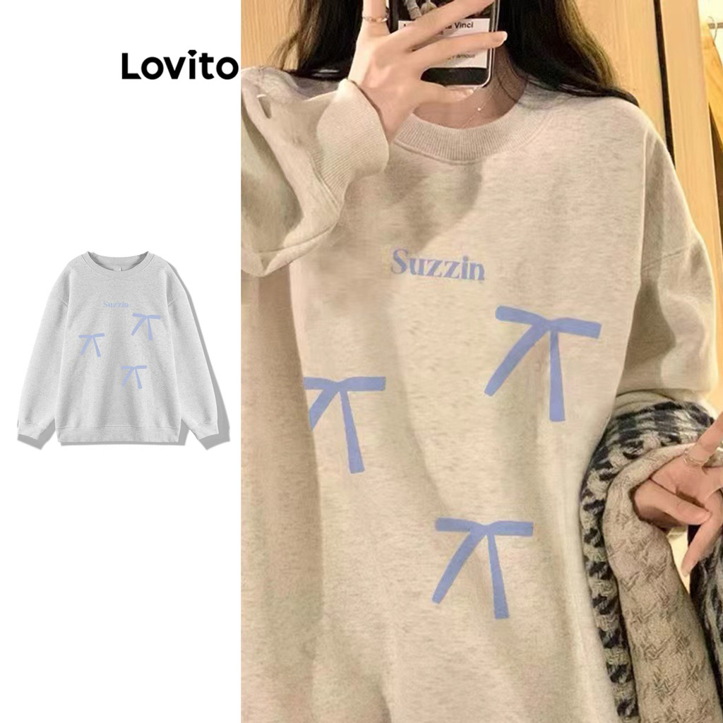 Lovito เสื้อสเวตเตอร์โบว์ธรรมดาน่ารักสำหรับผู้หญิง LNA73109
