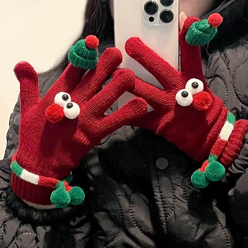 [Christmas Warm Gloves]Cute eyes couple gloves women's winter thick riding warm