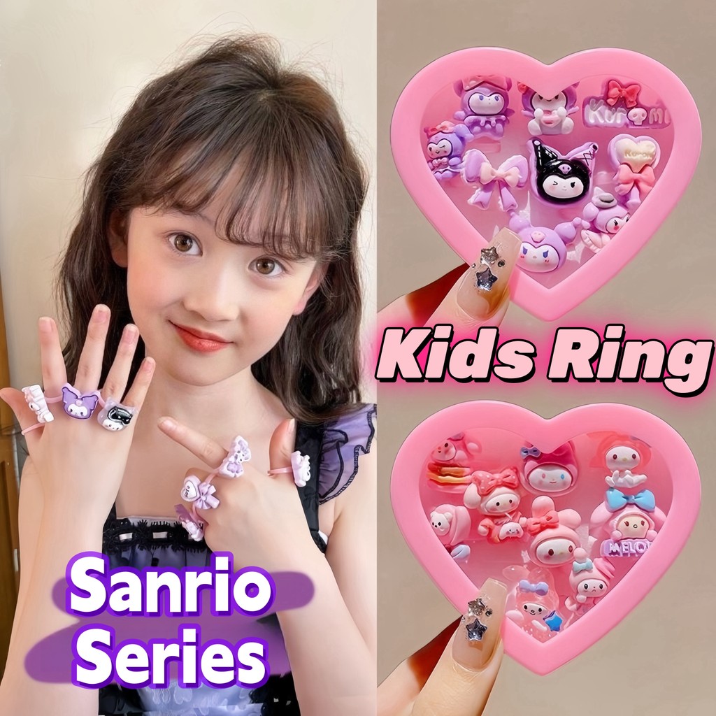 SANRIO ซานริโอ แหวนเด็กผู้หญิงสําหรับเด็ก คุโรมิ แหวนเด็กเครื่องประดับมือแหวนขนาดเล็กน่ารัก ทํานอง การ์ตูนเจ้าหญิงของเล่น ซินนามอนโรล มีกล่องเคร