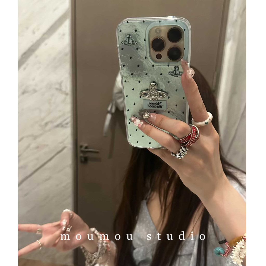 Huiwanju ลายดีบุกฟอยล์สีเขียวมิ้นต์ polka dot planet เหมาะสําหรับเคสโทรศัพท์มือถือ Apple 16promax 15 เคสป้องกัน 13/12.