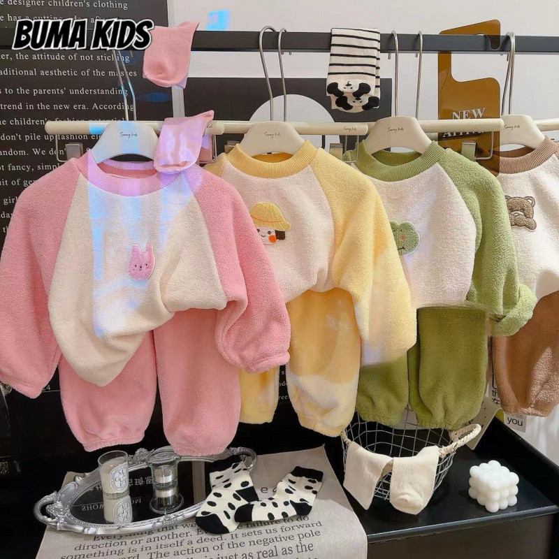 BUMA KIDS ชุดนอนแขนยาวลายการ์ตูนหนาสำหรับเด็ก, ชุดลำลองอเนกประสงค์แฟชั่นสำหรับเด็ก