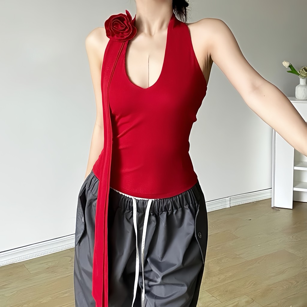 Modarise เสื้อกั๊กผู้หญิง ดอกไม้ 3D สื้อสีแดงสด เปิดหลัง ลายดอกกุหลาบ สไตล์ฤดูร้อน