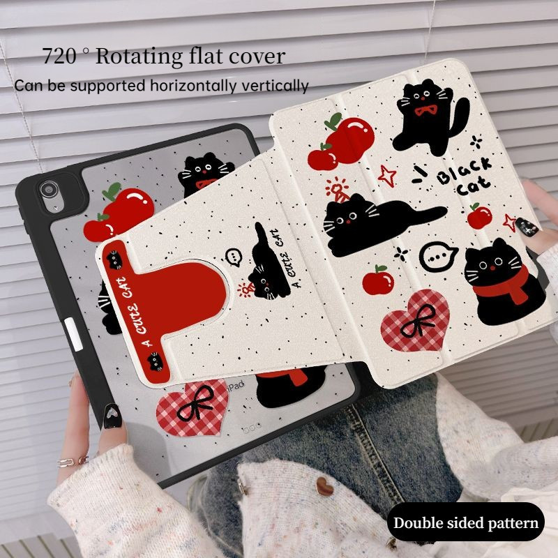 [iPad Air 5] เคสไอแพด 360 องศาปรับเชอ ร์รี่แมวดํ าเข้ากันได้ gen10 Pro11 2018/2020/2021 Air4 10.9 2020 10.2 Gen9 Gen8 Gen7 air6