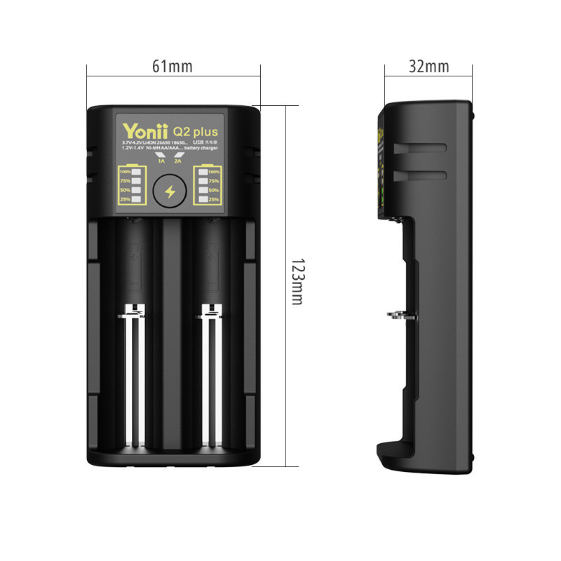 เครื่องชาร์จถ่าน 21700/26650/ถ่านชาร์จ 18650 Yonii Q2 Plus เพาเวอร์แบงค์3.6V/3.7V รองรับการจ่ายกระแสไฟฟ้าผ่าน USB(5V 1A)