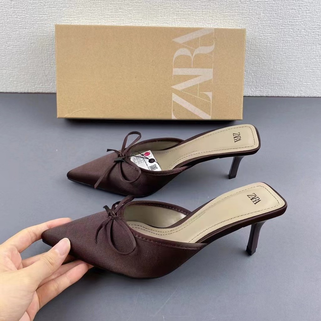 100% ZARA-รองเท้าส้นสูงผู้หญิง Bowknot Pointed Stiletto Heels รองเท้าแตะแฟชั่น
