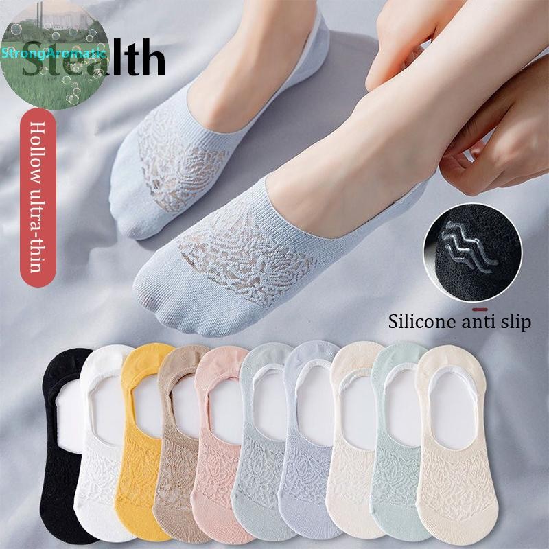 Strongaromatic 1 คู่ผู้หญิงถุงเท้าที่มองไม่เห็นลื่น Chaussette ข้อเท้าต่ําหญิงตาข่ายผ้าฝ้ายถุงเท้าเรือไม่มีแสดง Breathable Calcees TH