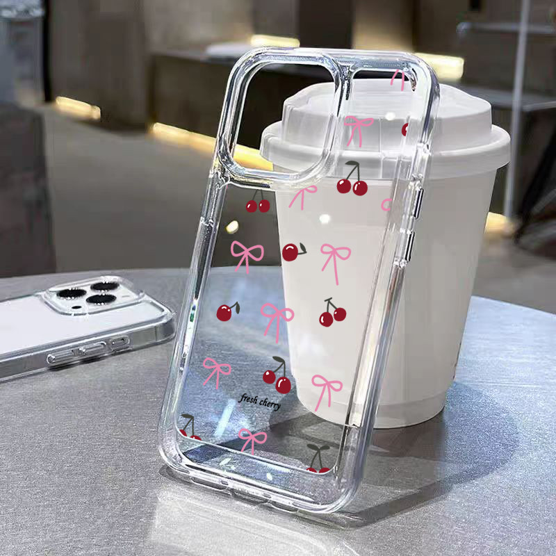 โบว์เชอร์รี่นิ่มกันกระแทก TPU เคสไอโฟน for iPhone 11 12 13 14 15 16Pro Max XR XS X 7/8P