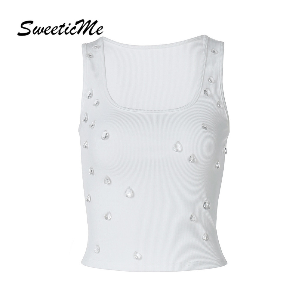 SweeticMe ผู้หญิง 2025 ใหม่แฟชั่นสีทึบ U-คอ Slim Fit Casual All Match เสื้อกล้าม Camisole