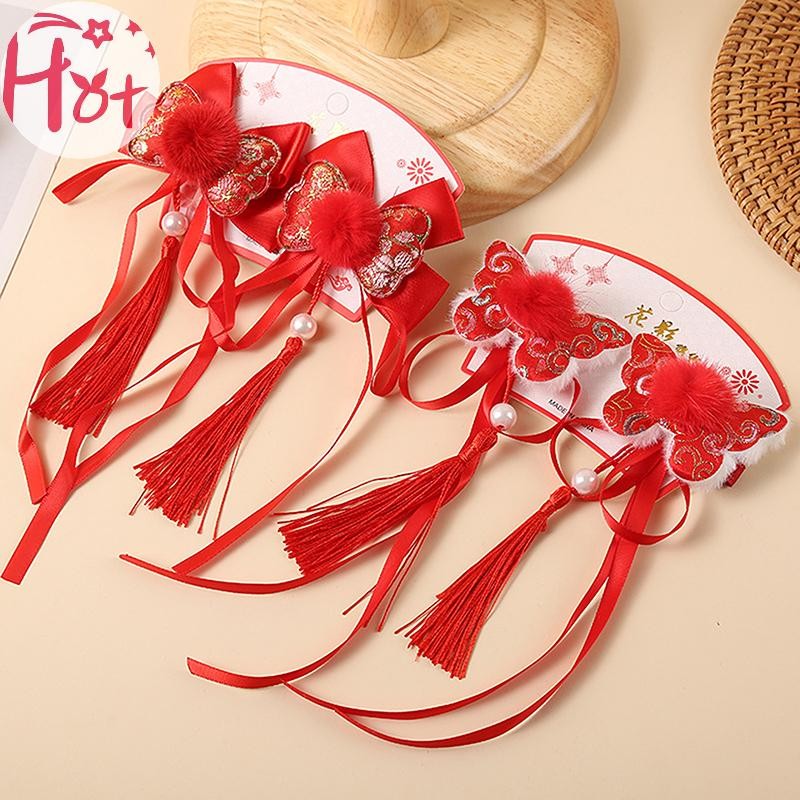 Ge 2PCS โบว์สีแดงเครื่องประดับผมอุปกรณ์ปีใหม่คลิปผมสําหรับผู้หญิง GirlsCute เด็ก Headwear Barrettes อุปกรณ์เสริมผมสแควร์