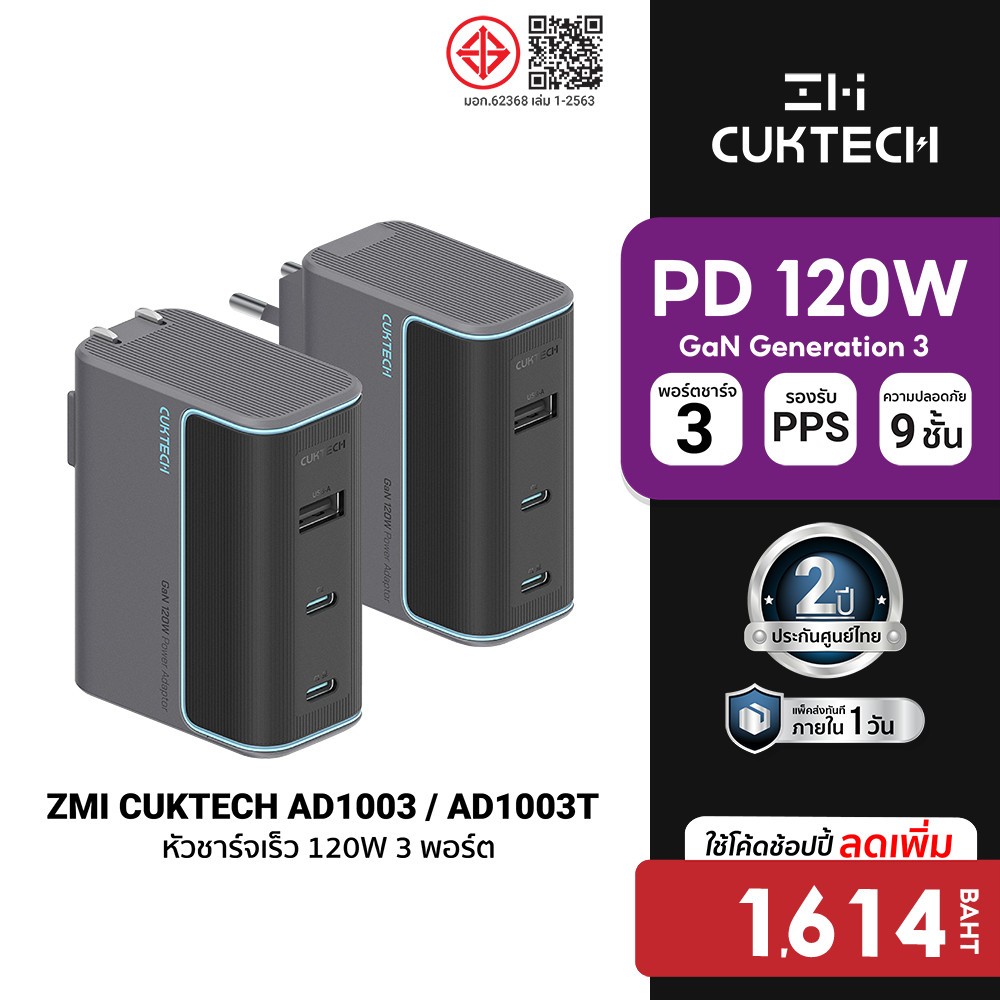 [ลดเหลือ 1614] ZMI CUKTECH GaN3 AD1003 / AD1003T หัวชาร์จเร็ว 120W ชาร์จเร็จ 3 พอร์ต รองรับ PD3.0 , PPS , QC3.0 -2Y
