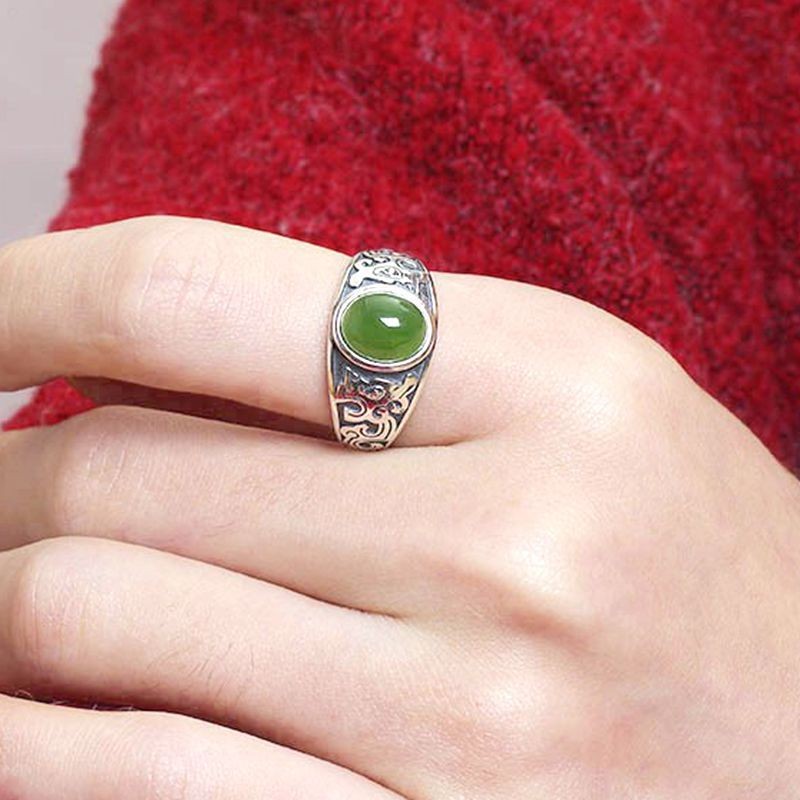 Retro S925 เงินมรกตเลียนแบบ Hetian แหวนหยกชายเปิดง่ายปรับ