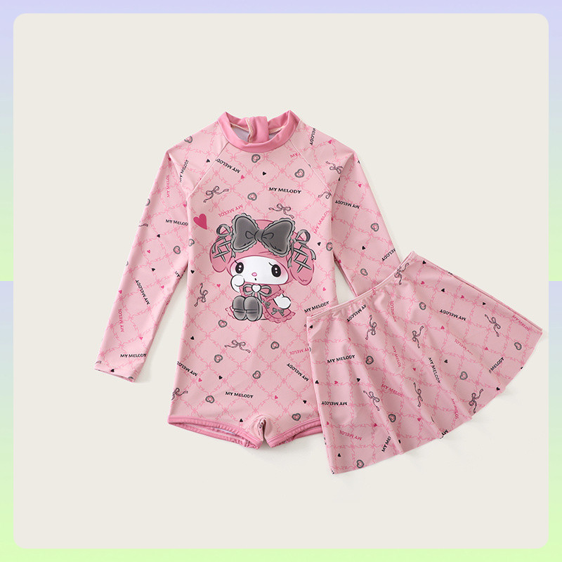 ชุดว่ายน้ำเด็ก Melody Girls One-Piece Long-Sleeved Sunscreen Cute Middle And Large Children Girls Swimsuit LAC
