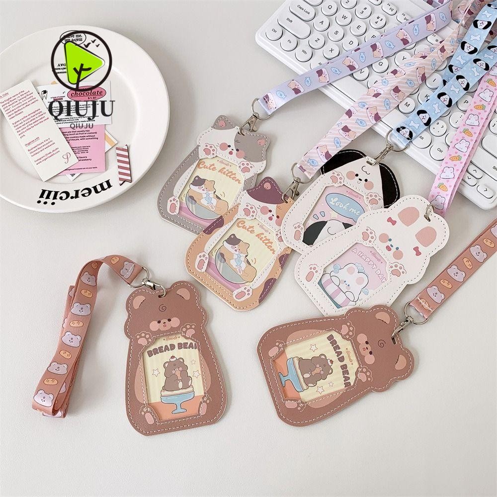 Qiju Photocard Holder, Kawaii Cute Photo Protector , การ์ตูน PU พร้อมตัวยึด ID Lanyard