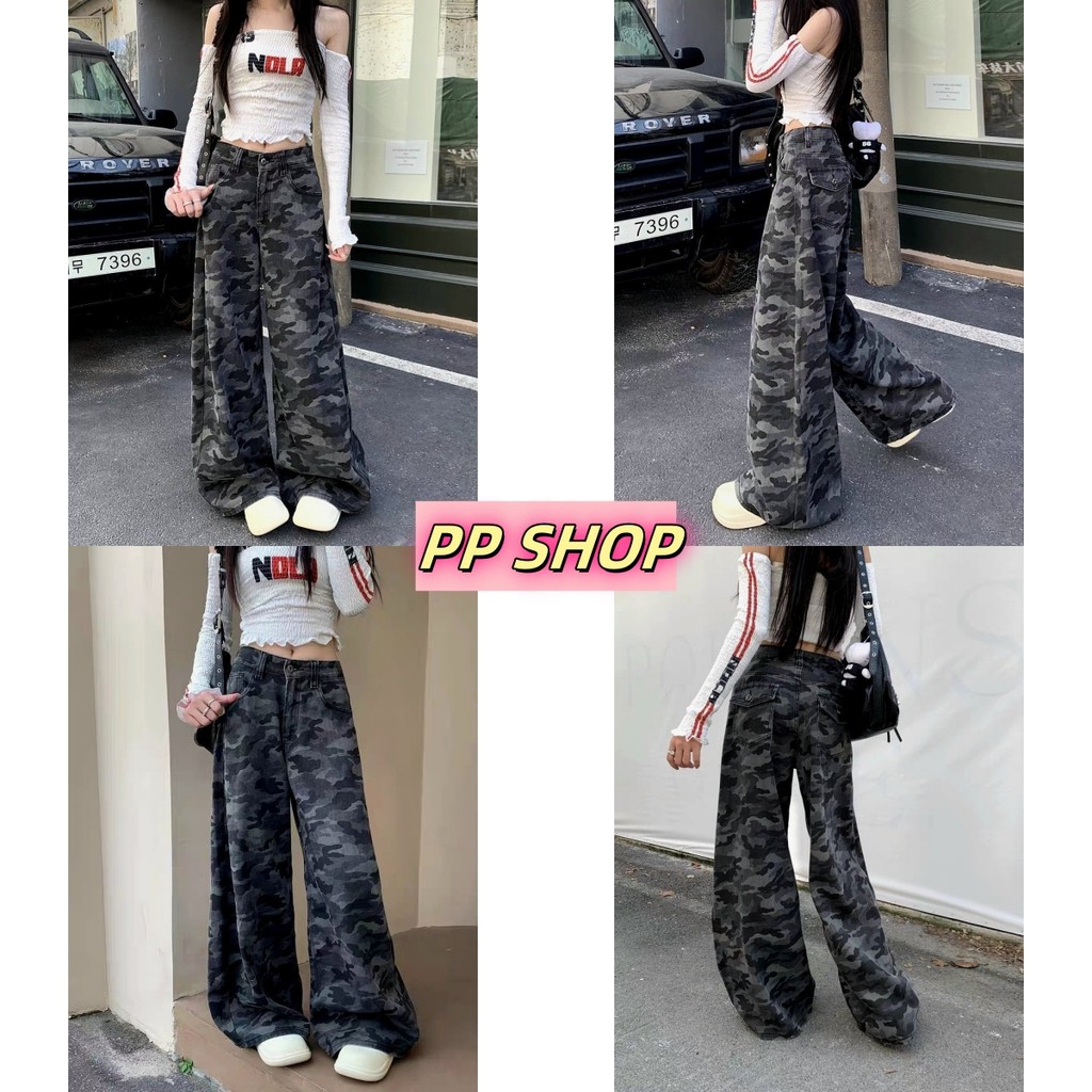 PP Shop​ พร้อมส่ง กางเกงยีนส์ เอวสูง ขายาว ทรงสวย ทรงกระบอก ลายพรางทหาร กางเกงคาร์โก้ ขากว้าง ทรงหลวม ทรงบอย#1822-NZ