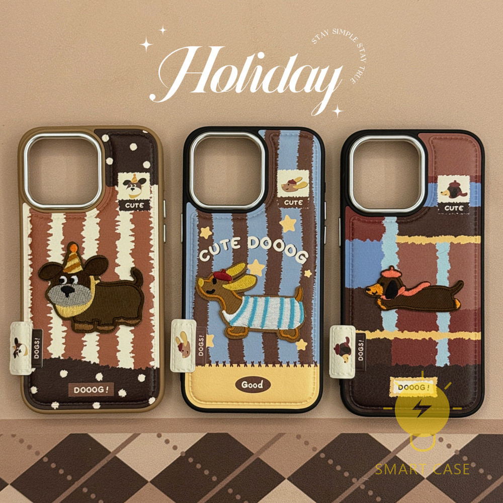For เคสไอโฟน 13 Leather Texture Puppy Embroidery เคส Phone Case For iPhone 16 Pro Max 15 14 13 For เคสไอโฟน11Ins Korean Style Retro Classic Couple Shockproof Protective TPU Cover Shell