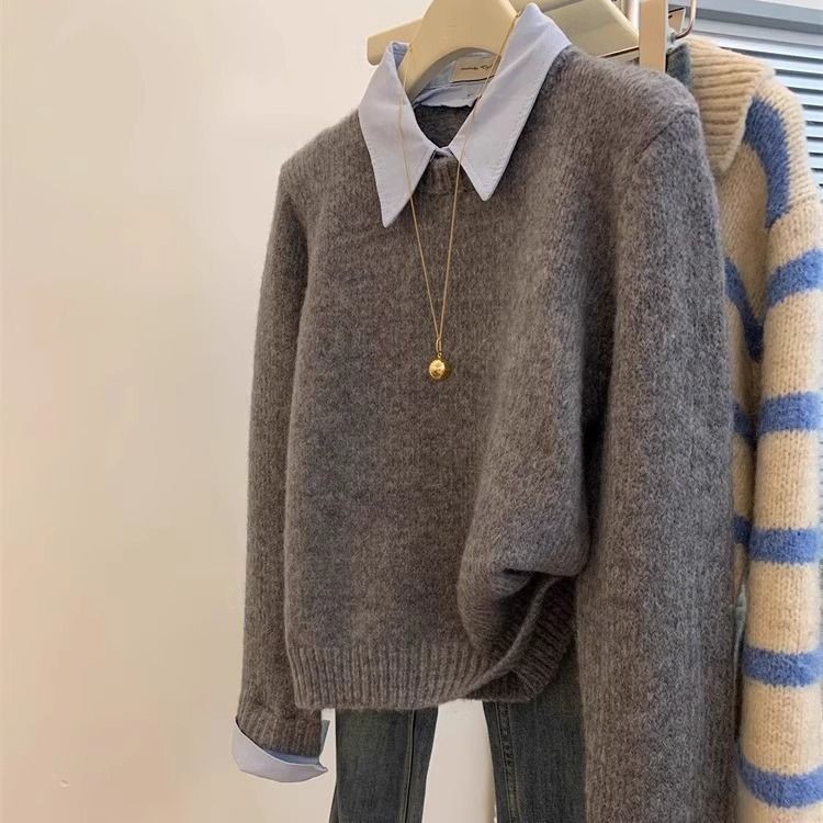 Polo Neck Sweater New Slouchy Bottom Lapel Grey Loose Knit Top Knit Winter