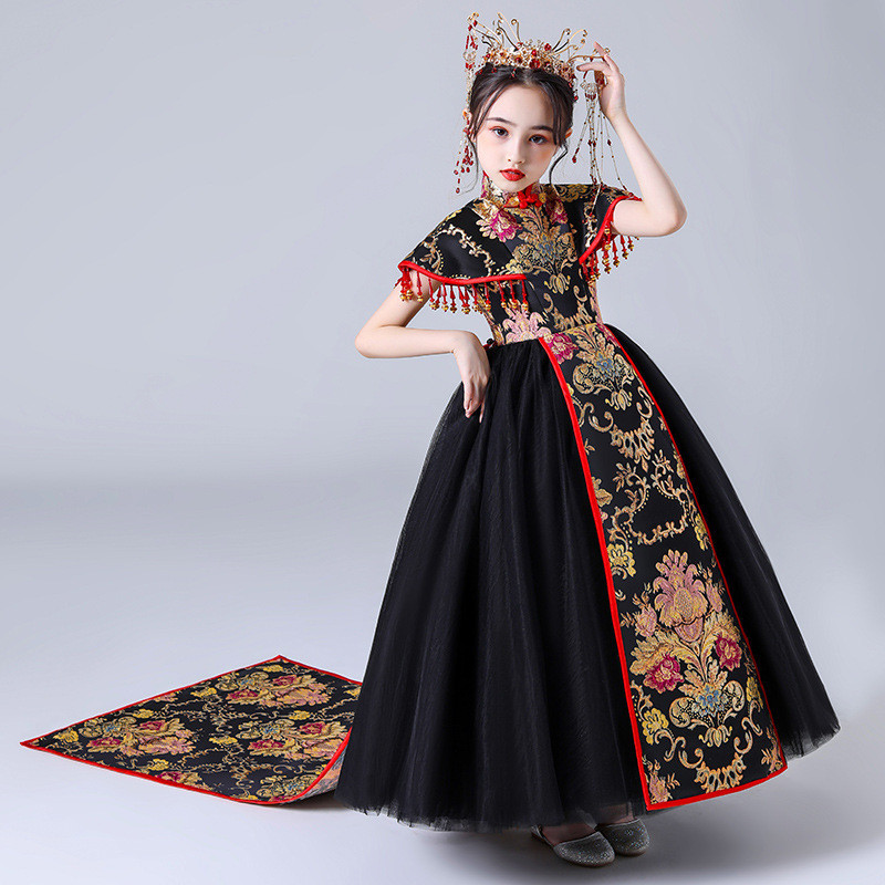 สาว Cheongsam สไตล์จีน Tang ชุดเด็กรุ่น Western สไตล์ Catwalk Domineering เครื่องแต่งกายเด็กใหญ่ Trailing จีนอินเทรนด์ชุด
