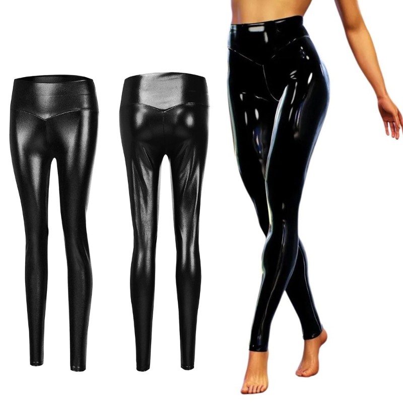 OMG* Glossy Leggings Pants ยืด Faux Leather Cropped Pants สําหรับผู้หญิงอินเทรนด์