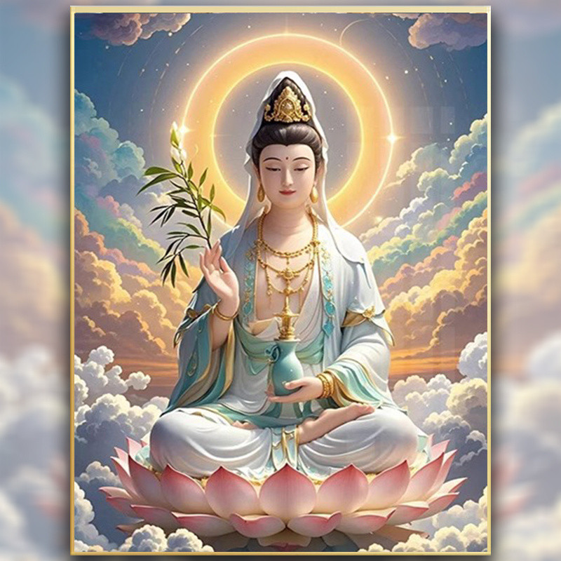 นั่งโลตัสเจ้าแม่กวนอิมปักครอสติชุด2025ใหม่สไตล์รูปปั้นพระพุทธรูปตัวละครที่ทําด้วยมือของตัวเองเย็บปักถักร้อยเจ้าแม่กวนอิมพระโพธิสัตว์โลตัสพิมพ์ข้ามสติ