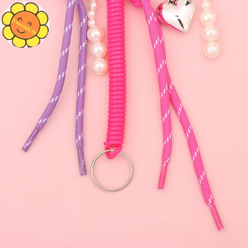 Yescont 1 ชิ้น Y2K แฟชั่น Pearl Bow Love กระเป๋าจี้เกาหลี Charm ไนลอน Handmade เชือกพวงกุญแจเครื่องประดับ DIY กีฬาสไตล์คู่ของขวัญ TH