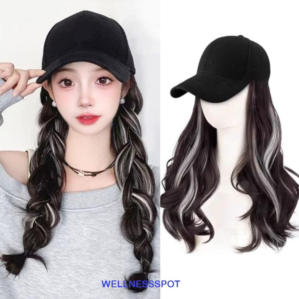 Wellnessspot หมวกเบสบอลพร้อมวิกผม, ไฮไลท์สีเทา Hairpiece ผมยาวหยัก, แฟชั่นชิ้นเดียว Sun Cap Breathable หมวกปรับได้วิกผมกลางแจ้ง