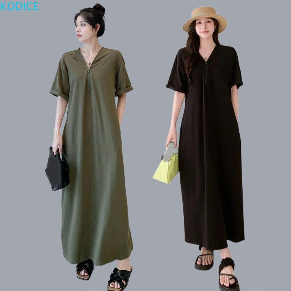 KODICE ชุดเดรสหลวมผู้หญิง,สีทึบVคอชุดยาวเรียบง่าย,All MatchกระโปรงยาวซิปStreetwearขนาดใหญ่ชุดสาว