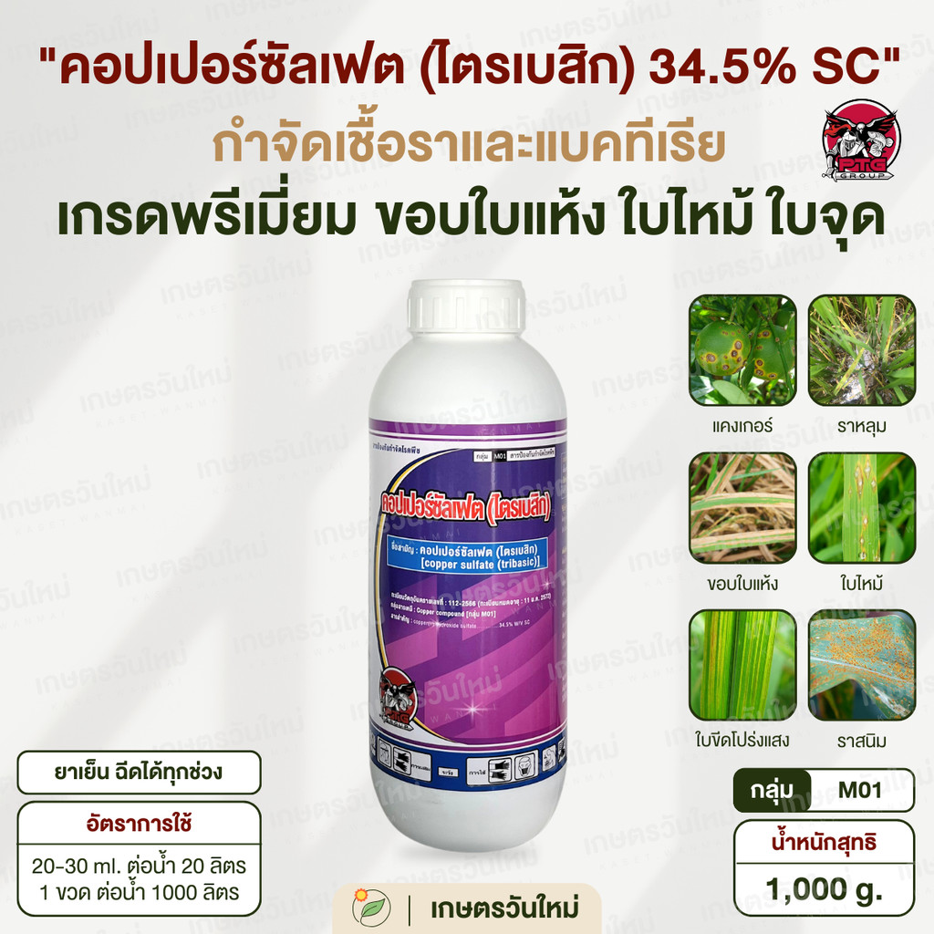 👩🏻‍🌾 คอปเปอร์ซัลเฟต (ไตรเบสิก) เกรดพรีเมี่ยม หยุดเชื้อรา แบคทีเรีย ขอบใบแห้ง แคงเกอร์ ใบไหม้ ใบจุด ร